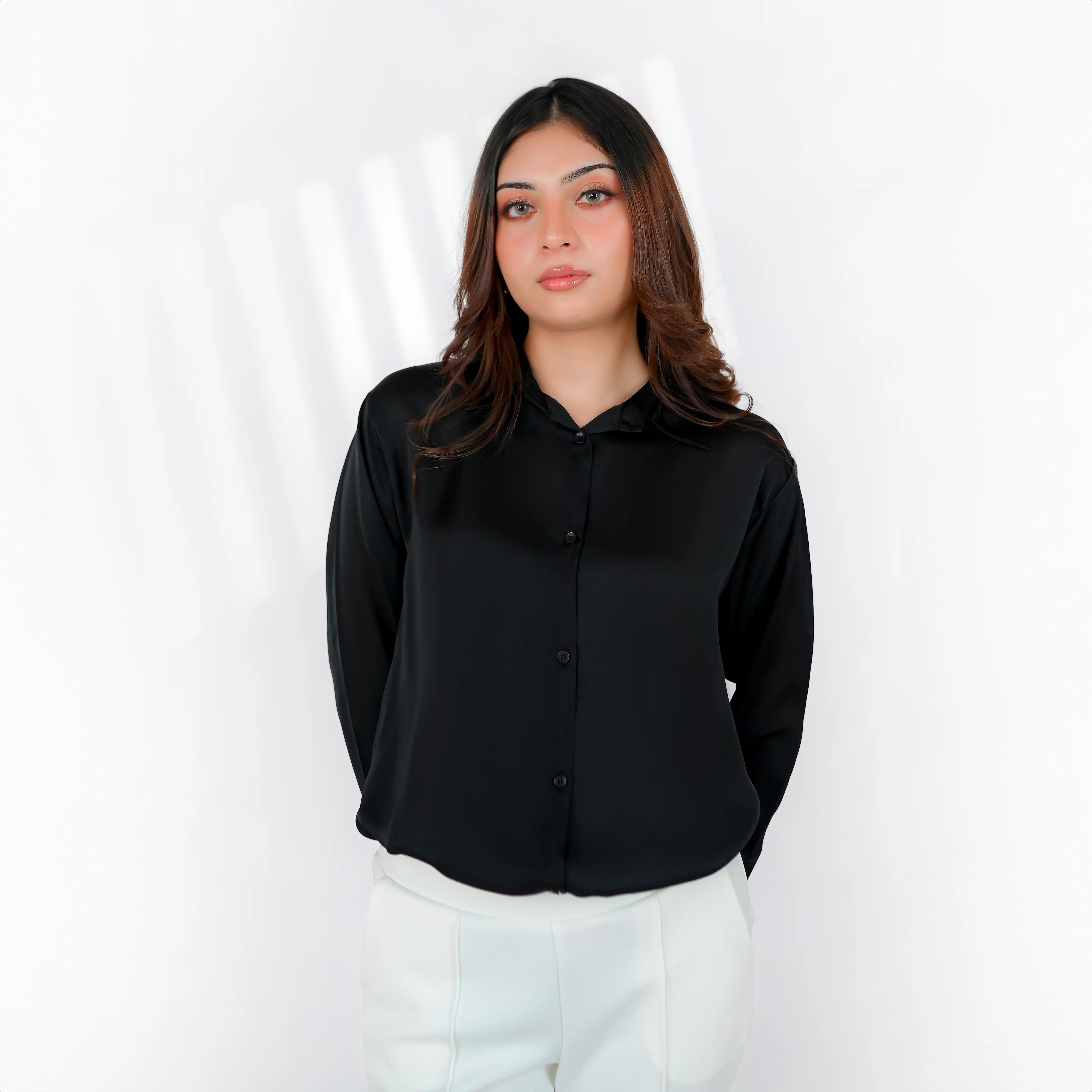 Black Silk Button-Down Top