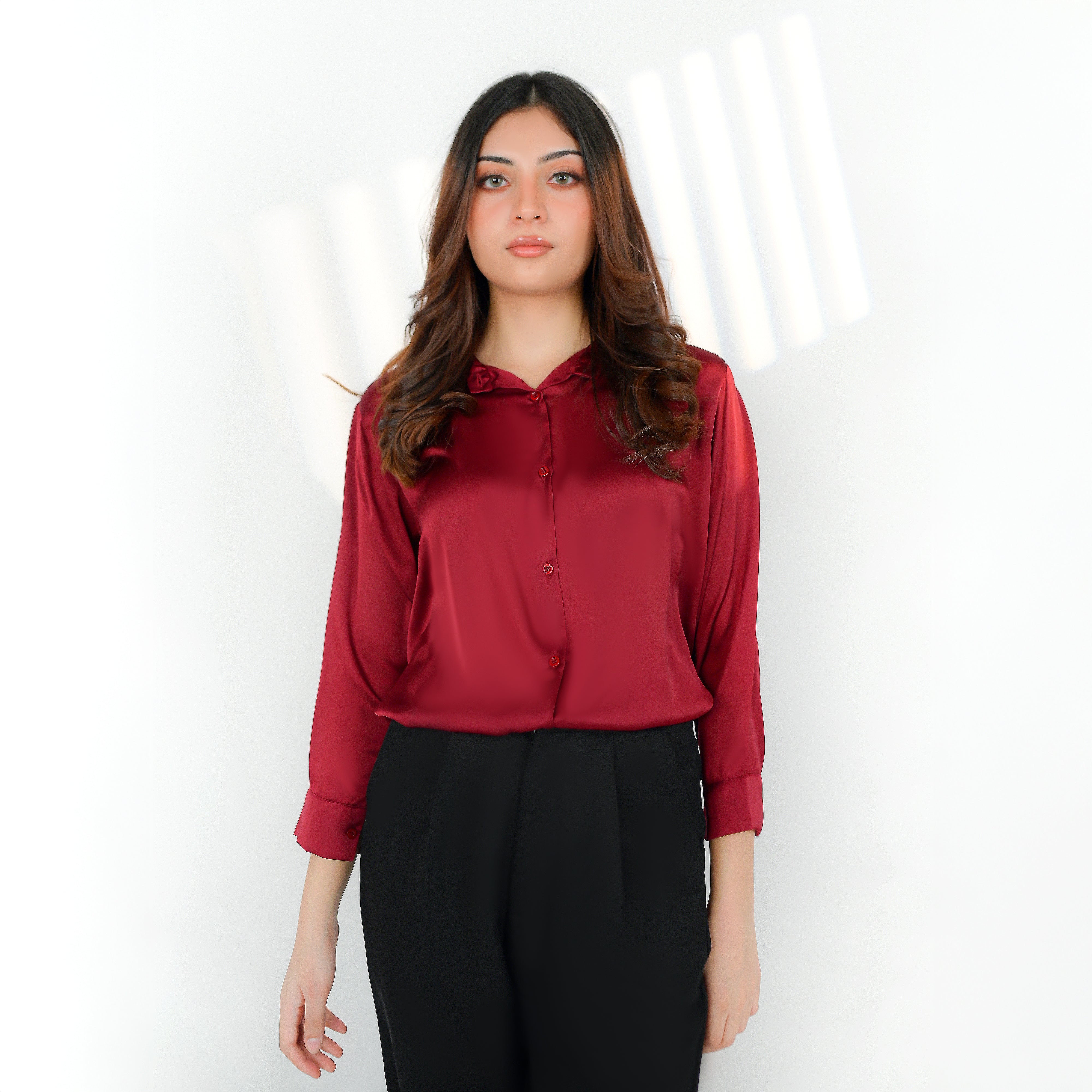 Maroon Silk Button-Down Top