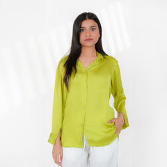 Green Winged Silk Button-Down Top