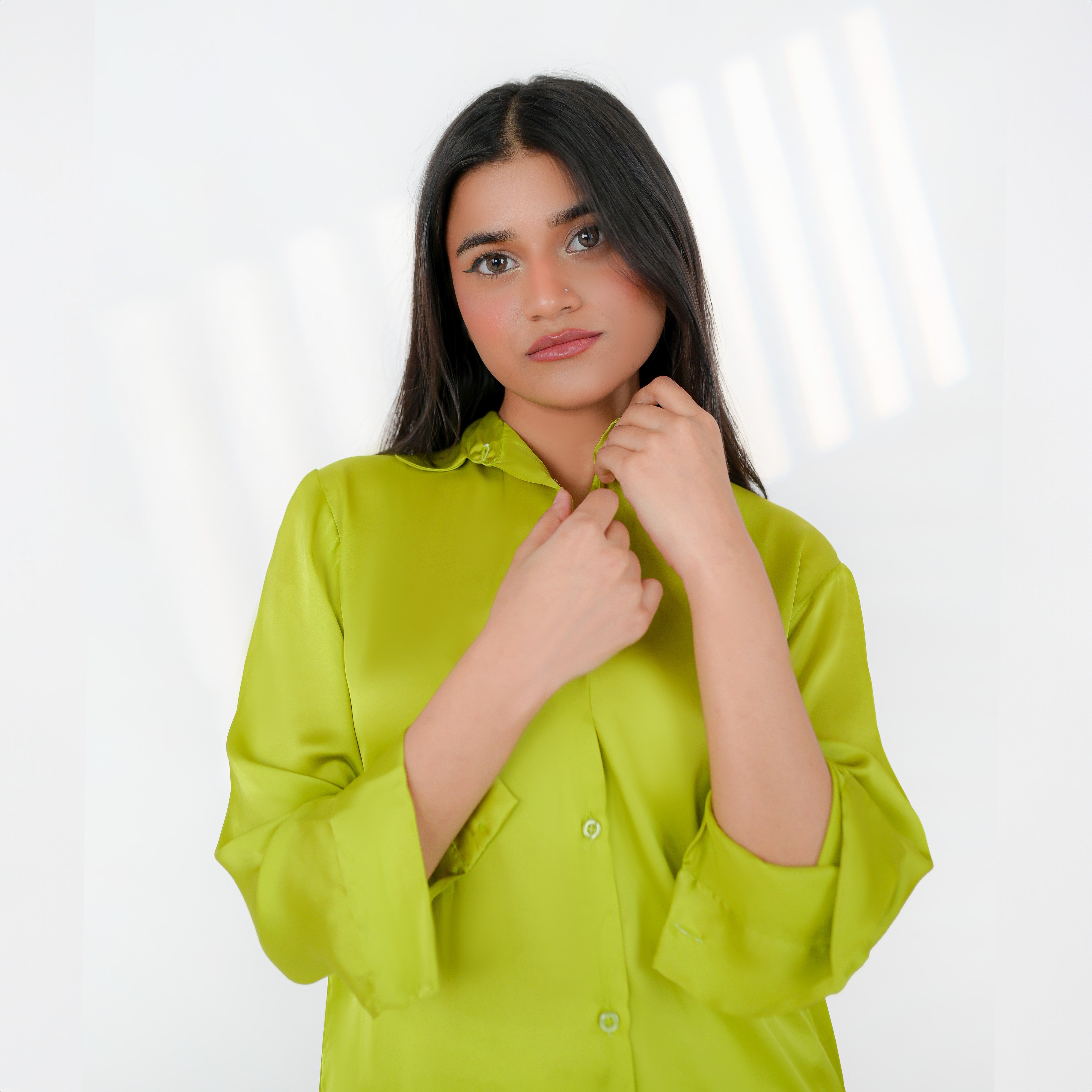 Green Winged Silk Button-Down Top