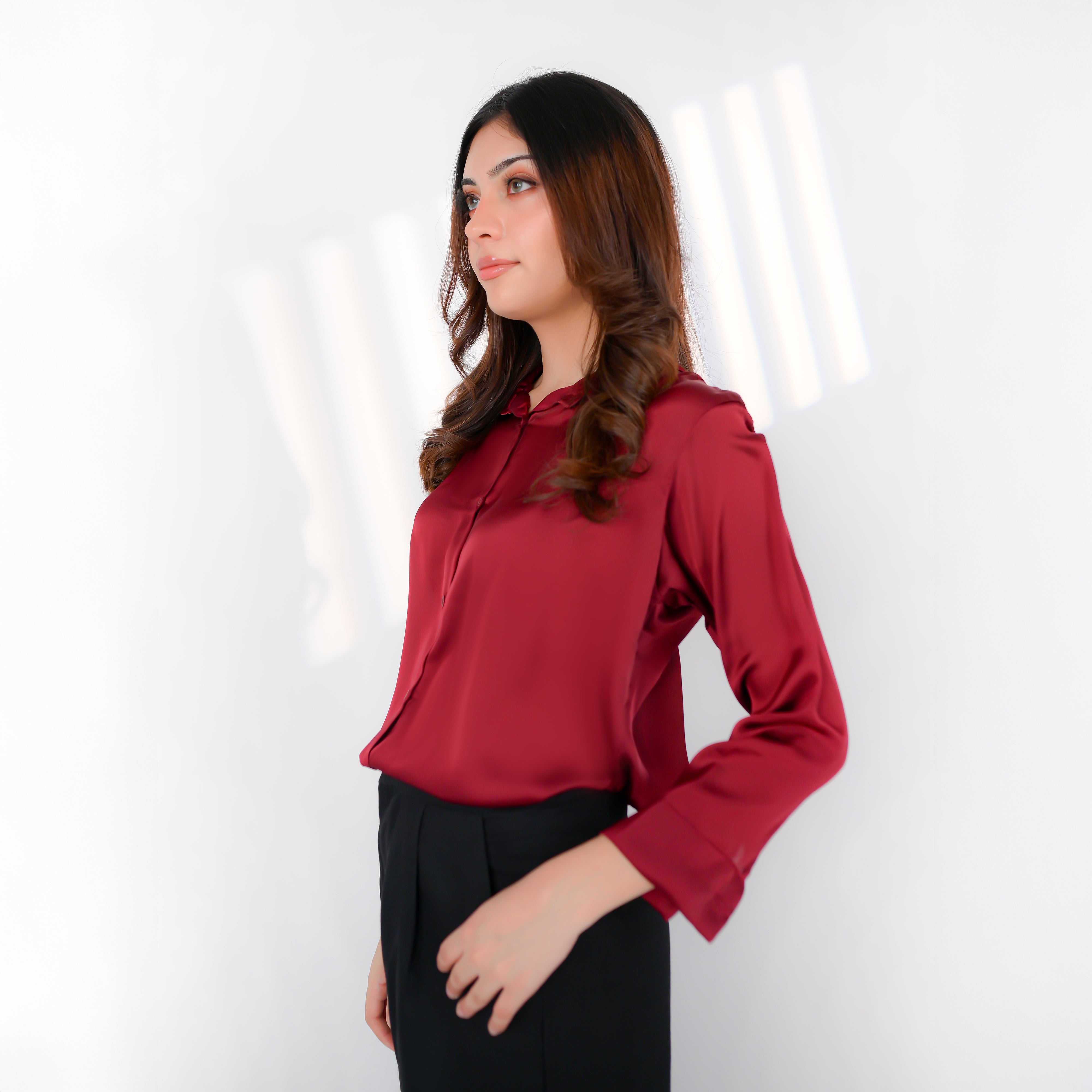Maroon Silk Button-Down Top
