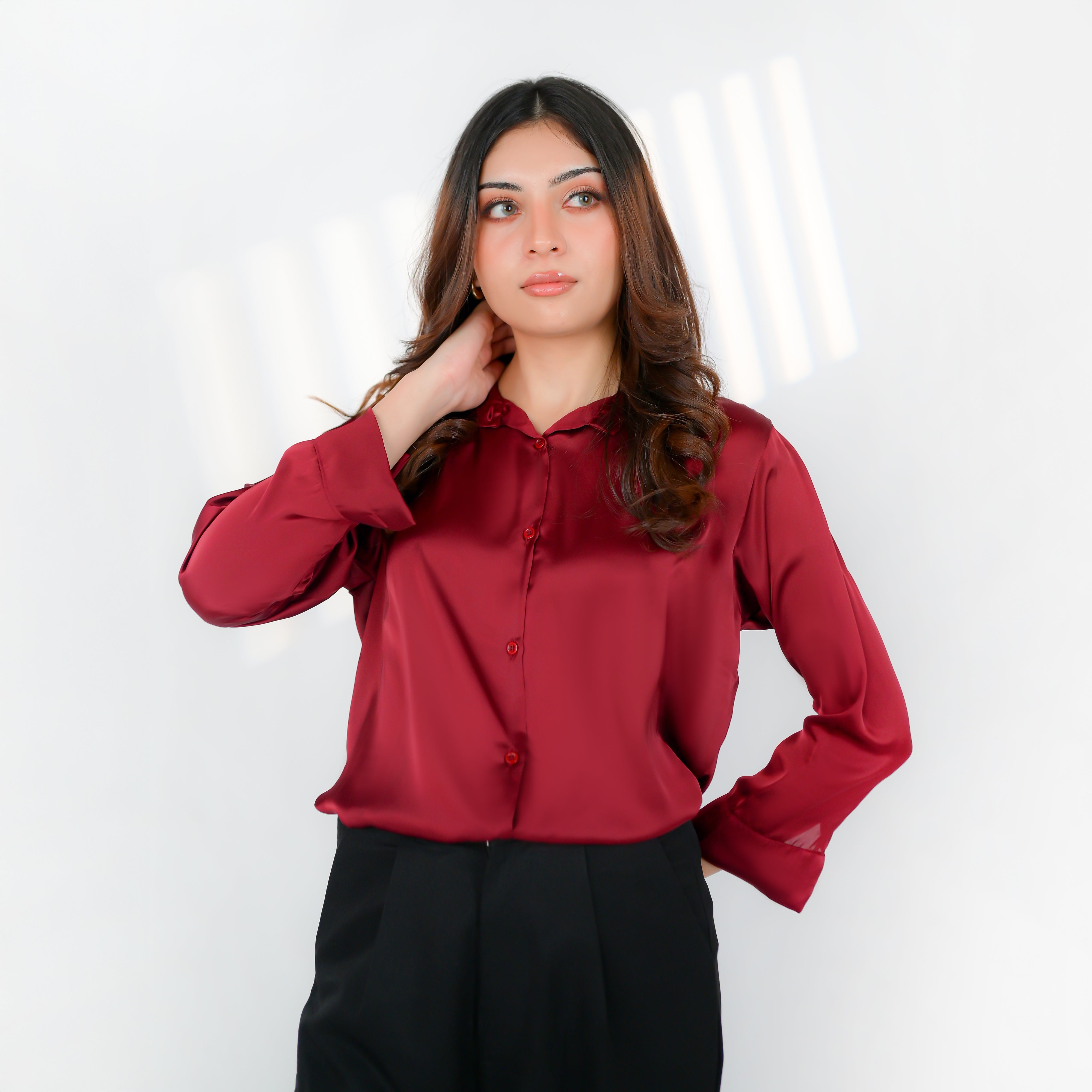 Maroon Silk Button-Down Top